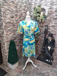 vintage summer shirt dress Blue yellow green size medium