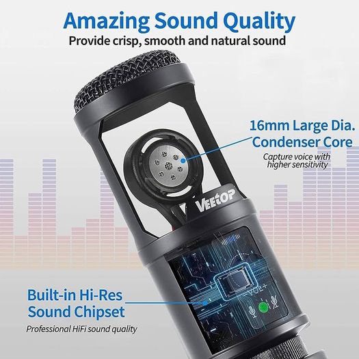USB Microphone Metal Computer Condenser PC Mic for Gaming Podcasting Streaming Recording Voiceover YouTube Skype Twitch Zoom Cardioid with Tripod Compatible with Desktop Laptop Windows
