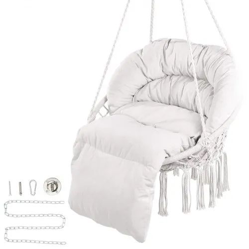 Hanging Hammock Swing Chair, 330 Lbs Capacity, Macrame Hanging Chair with Cushion and Mounting Hardware, Cotton Rope Swing Chair for Bedroom, Balcony, Patio, Garden, Beige