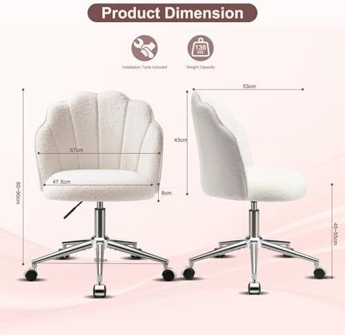 Chair for Dressing Table with Wheels, Boucle Desk Chair for Bedroom, Swivel Armchair for Home, Height Adjustable&Easy Assembly, White/Beige