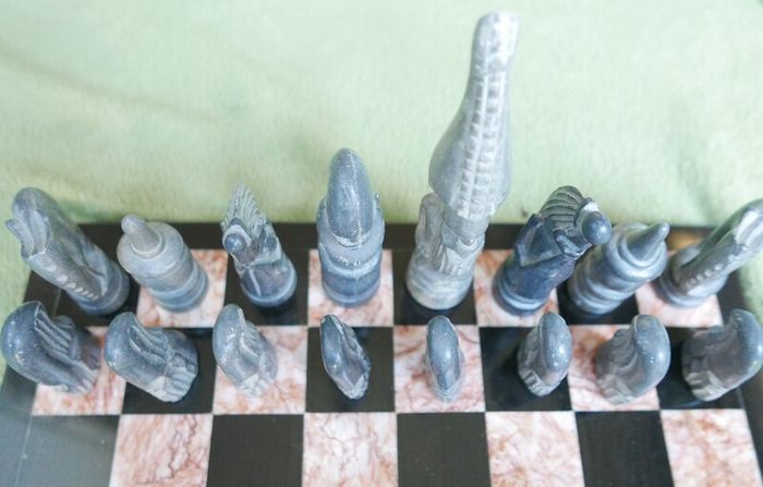 Vintage Marble Chess Board, 14 inch and Handcrafted African Soapstone Chess Set (king 6")