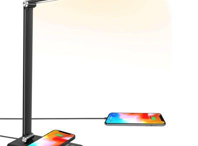 LED Desk Lamp with Wireless Charger, USB Charging Port, Table Lamp with 10 Brightness, 5 Lighting Colors, Dimmable Eye-Caring Desk Lamps for Home Office, Touch Control, 30/60min Auto Timer