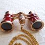 Vintage style opera glasses, small binoculars, red and gold with chain Image 5