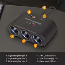 3 in 1 USB C Cigarette Lighter Splitter 12V Power Adapter