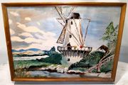 Antique oil painting of a windmill