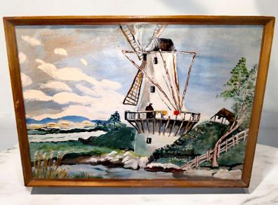 Antique oil painting of a windmill
