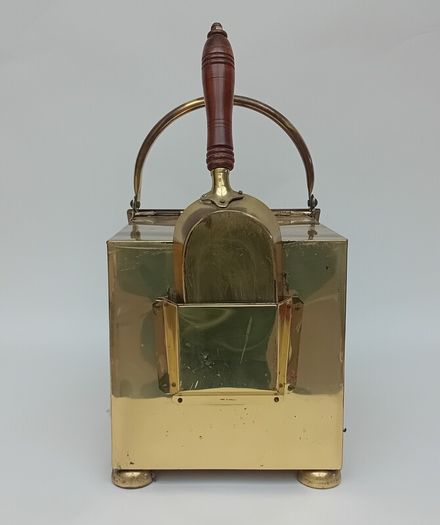 Antique Brass Coal Scuttle Storage Box & Shovel