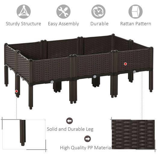 Set of 6 26L Garden Raised Bed Elevated Patio Flower Plant Planter Box PP Vegetables Planting Container, Brown
