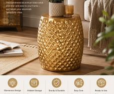 Side Table 32 x 42 x 32 cm Aluminium Oriental Round Flat Hammered Metal Design Living Room Table Modern Shelf Table Indian Telephone Table Small