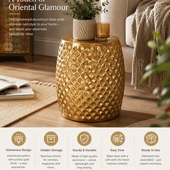 Side Table 32 x 42 x 32 cm Aluminium Oriental Round Flat Hammered Metal Design Living Room Table Modern Shelf Table Indian Telephone Table Small