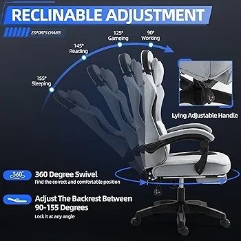 Fabric Massage Gaming Chair, Ergonomic Computer Chair, Video Game Chair, Massage Office Chair, Desk Swivel Chair, Adjustable, Reclining, Footrest, Massage Cushion, Fabric Material, Grey, New