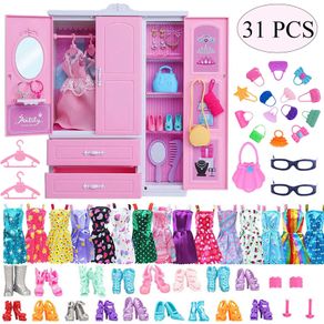 Barbies 31 Items Dollhouse Furniture 1x Robe Wardrobe+30 Doll Accessories Doll Clothes Dresses Crowns Necklace Shoes For Barbie