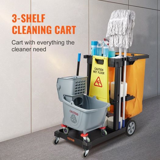 Commercial Cleaning Cart, 3-Shelf Commercial Janitorial Cart, 200 lbs Capacity Plastic Housekeeping Cart, with 25 Gallon PVC Bag, 120 x 51 x 98 cm, Yellow+Black