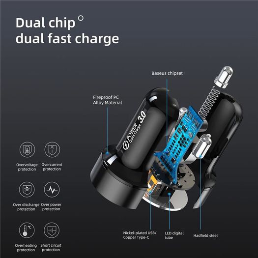 USLION 36W PD/QC3.0 Car Dual USB (Type-C & Type-A) Phone Quick Charger with Digital Display (Brand New/Warranty)