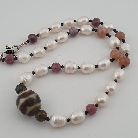 Himalayan Dzi Agate Pendant Necklace with Genuine Freshwater Pearls & Tourmaline