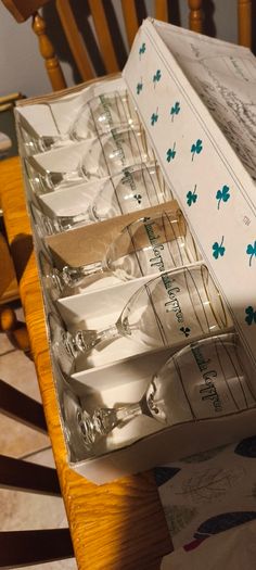 Vintage Set of 6 Gold Rimmed Irish Coffee Goblets in original box France clear glass green clover barware Shamrocks excellent condition .