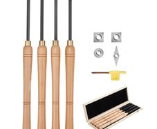 Wood Lathe Turning Tool Set, 4PCS, Lathe Roughing Finishing and Detailing Hollow Tool with Wooden Handle, Diamond Round Square Carbide Inserts, Wooden Box, for Beginners Hobbyists Professionals