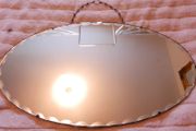Vintage Art Deco Mirror. Scalloped bevelled edge frameless round wall mirror. Ready to hang on original visible chain. 25" x 15"