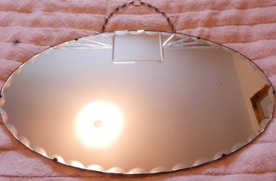 Vintage Art Deco Mirror. Scalloped bevelled edge frameless round wall mirror. Ready to hang on original visible chain. 25" x 15"