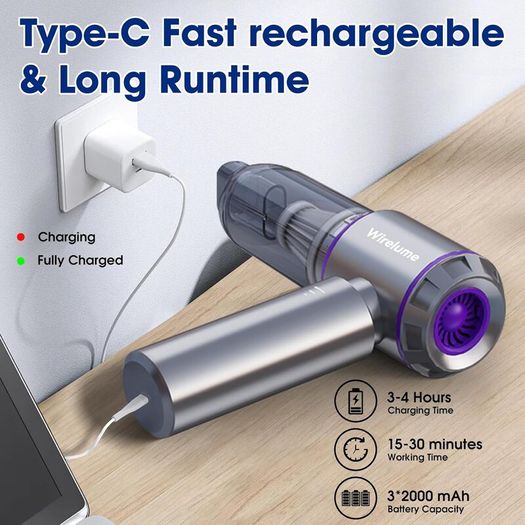 Car Vacuum Cleaner Cordless Powerful 22000Pa Strong Cyclonic Suction Blowing Brushless Motor Portable Rechargable Lightweight for Pet Hair Vehicle Home Office Purple
