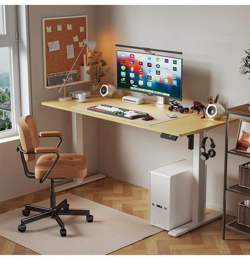 140 x 60 cm Standing Desk, Electric Height Adjustable Desk with 2 Hooks
