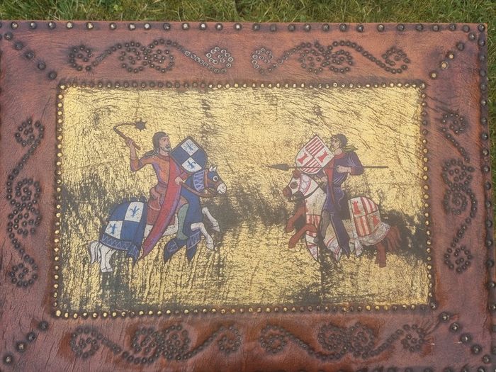 Vintage large leather painting of a medieval knights duel