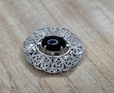 Vintage Sterling Silver 925 Filigree Black Onyx Brooch Pendant