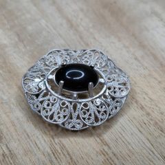 Vintage Sterling Silver 925 Filigree Black Onyx Brooch Pendant