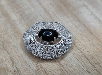Vintage Sterling Silver 925 Filigree Black Onyx Brooch Pendant
