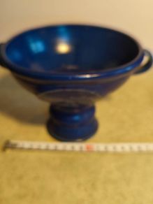 Vintage Pottery Coup Dark Blue Footed Handle Bowl Scroll Handles
