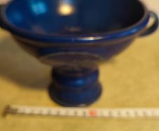 Vintage Pottery Coup Dark Blue Footed Handle Bowl Scroll Handles