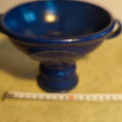 Vintage Pottery Coup Dark Blue Footed Handle Bowl Scroll Handles