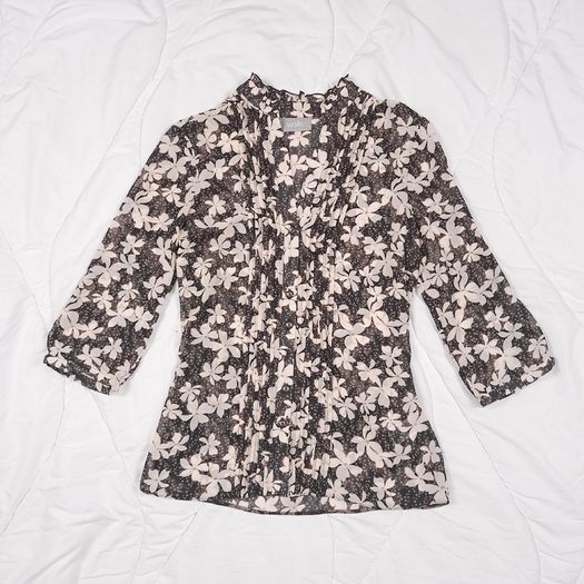 Wallis Black Cream Sheer Chiffon Floral Pintuck Pleat Blouse Top 12UK/40EU