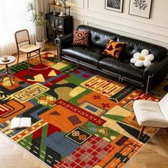 Washable Living Room Rugs 160x230cm Abstract Vintage Patchwork Rug Non-Slip & Low Pile Indoor Carpet
