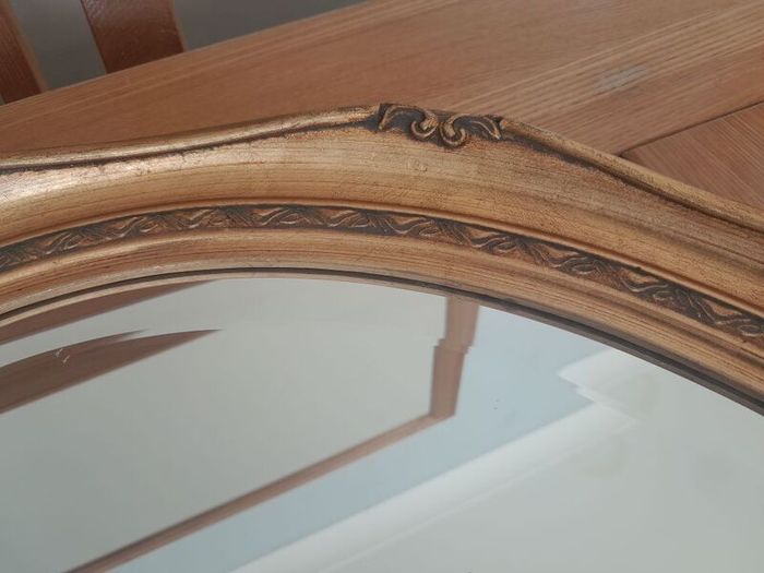 Vintage Ornate Gold Gilt Wood Oval Mirror. Bevelled Glass. 50cm x 60cm
