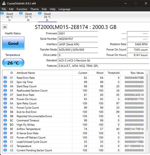 Seagate BarraCuda 2TB 2.5" SATA HDD 100% Health