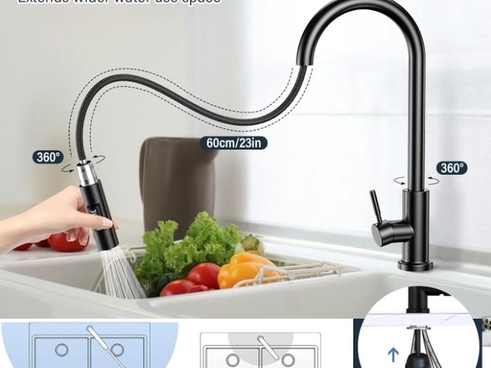 Kitchen Faucet with Removable Shower, Stainless Steel Kitchen Sink Faucet Mixer Tap with Removable Base, 360 Swivel, 2 Water Modes Cold and Hot Available - Black