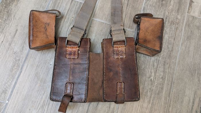 WWII-Era Leather Ammo Pouch Rig  Marked F. Kuef Aesch 48 - Original Military Surplus