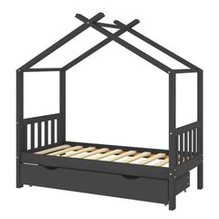Kids Bed Frame with a Drawer Dark Grey Solid Pine Wood 80x160cm