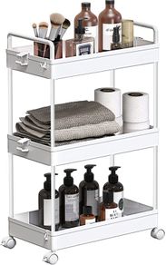 3-Tier Storage Trolley Cart Slide-out Rolling Utility Cart Mobile Storage Shelving Organizer for Kitchen, Bathroom, Laundry Room, Bedroom, Narrow Places, Plastic,White