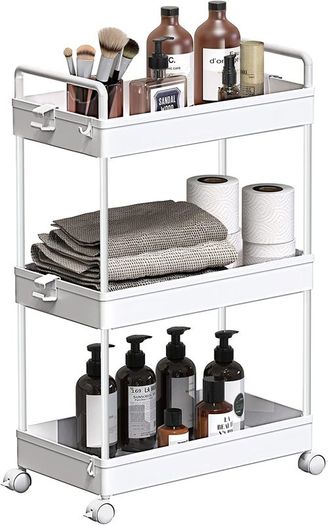 3-Tier Storage Trolley Cart Slide-out Rolling Utility Cart Mobile Storage Shelving Organizer for Kitchen, Bathroom, Laundry Room, Bedroom, Narrow Places, Plastic,White