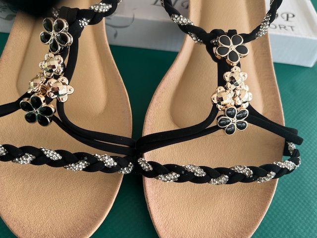 SANDALS. Libra Pop brand- Embellished With Black, Gold & Silver charms. Ultra Comfortable. Size Uk 6 Eu 39 Purchased In Toulouse. Brand New In Box.