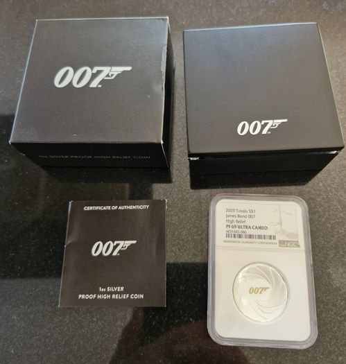 PF 69 Ultra Cameo 2020 Tuvalu James Bond 007 High Relief 1oz Silver Proof Low Mintage Coin