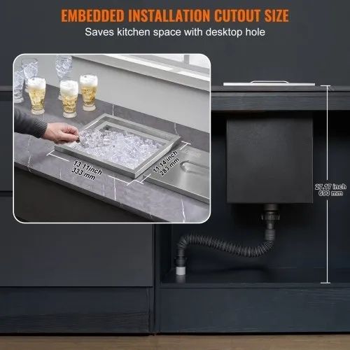 Drop in Ice Chest, 14"L x 12"W x 18"H Stainless Steel Ice Cooler, Commercial Ice Bin with Cover, 40 qt Outdoor Kitchen Ice Bar