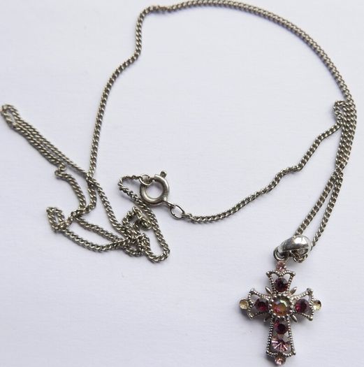 Vintage Silver Plated Cross With Multi-Color Stones Necklace length 20"
