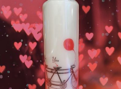 XL Valentines day Birthday wedding day decorative ivory pillar candle me&you tandem bike and red balloon