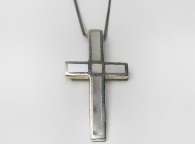 Vintage silver mother of pearl cross necklace