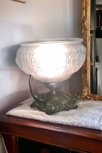 Beautiful Art Noveau blue glass and brass lamp
