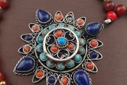 Antique Style Brass &amp; Lapislazuli,Coral,Turqouise Pendant with Carnelian Beads Necklace