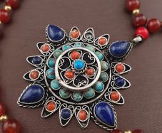 Antique Style Brass & Lapislazuli,Coral,Turqouise Pendant with Carnelian Beads Necklace
